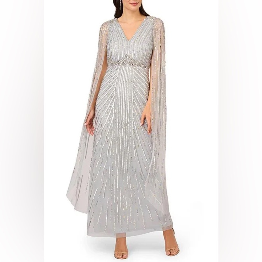 Adrianna Papell V-neck Cape Sleeve Zipper Closure Sequined Gown